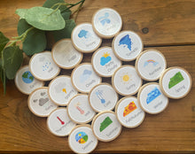 Load image into Gallery viewer, Weather and Seasons Wooden Learning Tiles and Magnets - Set of 20 - Toddler Education - Montessori, Charlotte Mason, Option for Memory Game