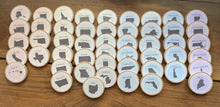 Load image into Gallery viewer, Wooden US States Coins + Magnets for Learning the 50 United States - Homeschool - Set of 50 Wooden 2" Coins - Montessori, Opt. Memory Game