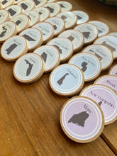 Load image into Gallery viewer, Wooden US States Coins + Magnets for Learning the 50 United States - Homeschool - Set of 50 Wooden 2" Coins - Montessori, Opt. Memory Game