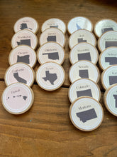 Load image into Gallery viewer, Wooden US States Coins + Magnets for Learning the 50 United States - Homeschool - Set of 50 Wooden 2" Coins - Montessori, Opt. Memory Game
