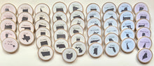 Load image into Gallery viewer, Wooden US States Coins + Magnets for Learning the 50 United States - Homeschool - Set of 50 Wooden 2" Coins - Montessori, Opt. Memory Game