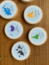 Load image into Gallery viewer, Wooden Geography Coins + Magnets for Learning Continents - Elementary+Homeschool- Set of 8 Birch 2" Coins - Montessori, Optional Memory Game