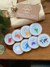 Load image into Gallery viewer, Wooden Geography Coins + Magnets for Learning Continents - Elementary+Homeschool- Set of 8 Birch 2" Coins - Montessori, Optional Memory Game