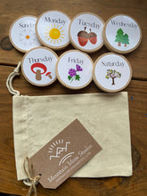 Load image into Gallery viewer, Days of the Week Wooden Learning Tokens and Magnets - Set of 7 - Preschool Education - Montessori, Charlotte Mason, Wooden Calendar Bundle