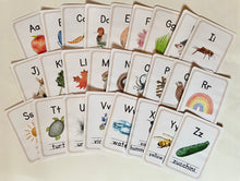 Load image into Gallery viewer, Watercolor Nature-Themed Alphabet Cards + Magnets/Tokens for Learning Alphabet - Flashcards Preschool + Homeschool - Set of 26 Wooden 2" Coins - Montessori, Optional Memory Game
