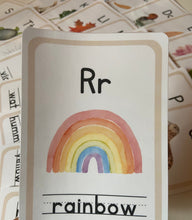 Load image into Gallery viewer, Watercolor Nature-Themed Alphabet Cards + Magnets/Tokens for Learning Alphabet - Flashcards Preschool + Homeschool - Set of 26 Wooden 2" Coins - Montessori, Optional Memory Game