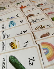 Load image into Gallery viewer, Watercolor Nature-Themed Alphabet Cards + Magnets/Tokens for Learning Alphabet - Flashcards Preschool + Homeschool - Set of 26 Wooden 2" Coins - Montessori, Optional Memory Game
