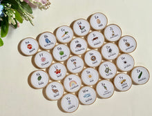 Load image into Gallery viewer, Watercolor Nature-Themed Alphabet Cards + Magnets/Tokens for Learning Alphabet - Flashcards Preschool + Homeschool - Set of 26 Wooden 2" Coins - Montessori, Optional Memory Game