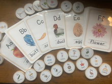 Load image into Gallery viewer, Watercolor Nature-Themed Alphabet Cards + Magnets/Tokens for Learning Alphabet - Flashcards Preschool + Homeschool - Set of 26 Wooden 2" Coins - Montessori, Optional Memory Game