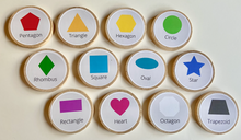 Load image into Gallery viewer, Wooden Shapes Coins + Magnets for Learning Shapes - Preschool + Homeschool Math - Set of 12 Wooden 2" Coins-Montessori, Optional Memory Game