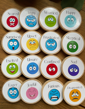 Load image into Gallery viewer, Wooden Emotions and Feelings Coins + Magnets for Learning-Elementary+Homeschool- Set of 16 Birch 2" Coins - Montessori, Optional Memory Game