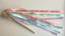 Load image into Gallery viewer, Pastel Rainbow Ribbon Honey Wands - Colorful Wooden Ribbon Wand - Rhythm and Music Play for Little Ones - Sets of One or Two Available