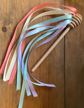 Load image into Gallery viewer, Pastel Rainbow Ribbon Honey Wands - Colorful Wooden Ribbon Wand - Rhythm and Music Play for Little Ones - Sets of One or Two Available