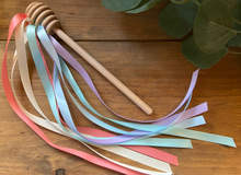 Load image into Gallery viewer, Pastel Rainbow Ribbon Honey Wands - Colorful Wooden Ribbon Wand - Rhythm and Music Play for Little Ones - Sets of One or Two Available