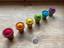 Load image into Gallery viewer, Naturally Dyed Rainbow Wooden Flower Pots with New Zealand Wool Balls - Fine-Motor/Color-Matching