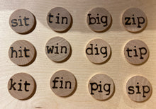 Load image into Gallery viewer, Beginning Reader Three-Letter Words Wooden Letter Tiles Set - Short vowel CVC words - Wood burned Round Wooden Tiles