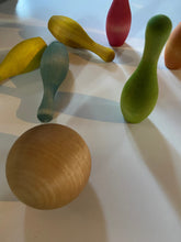 Load image into Gallery viewer, Mini Wooden Bowling Set - 6 or 10 Pins - Made from Birch - Sealed with Organic Beeswax and Jojoba Oil - Optional Naturally Dyed