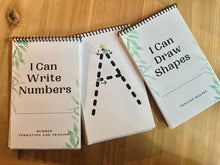 Load image into Gallery viewer, Learn to Write - Capital Letters, Numbers, Shapes - Set of 3 Books - Tracing and Formation - Reusable, wipeable, marker included!