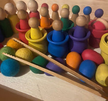 Load image into Gallery viewer, MEGA Hand Painted Rainbow Loose Parts Set - Wooden Hand Painted Pieces, New Zealand Wool Balls, Bamboo Tongs - Montessori+Waldorf Inspired