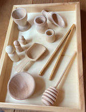 Load image into Gallery viewer, Wooden Sensory Bin Tools, Montessori, 10-Piece Set, Tongs, Scoops, Bowl, Peg People, Cup, For Sensory Play Fun