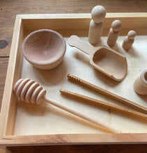 Load image into Gallery viewer, Wooden Sensory Bin Tools, Montessori, 10-Piece Set, Tongs, Scoops, Bowl, Peg People, Cup, For Sensory Play Fun
