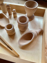 Load image into Gallery viewer, Wooden Sensory Bin Tools, Montessori, 10-Piece Set, Tongs, Scoops, Bowl, Peg People, Cup, For Sensory Play Fun