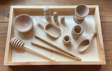 Load image into Gallery viewer, Wooden Sensory Bin Tools, Montessori, 10-Piece Set, Tongs, Scoops, Bowl, Peg People, Cup, For Sensory Play Fun
