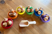Load image into Gallery viewer, Hand Painted Wooden Sorting Acorns and Bowls with Miniature Scoop - Montessori - Set of 6 Bowls and 18 Acorns