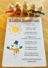 Load image into Gallery viewer, Five Little Snowmen Poetry Set - Set of 5 Wooden Snowmen and Wipeable Surface Poem