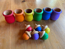Load image into Gallery viewer, Hand Painted Rainbow Wooden Acorns and Pots - Sorting and Color Recognition - Montessori - Set of 6 Acorns and 6 Pots