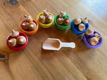 Load image into Gallery viewer, Hand Painted Wooden Sorting Acorns and Bowls with Miniature Scoop - Montessori - Set of 6 Bowls and 18 Acorns