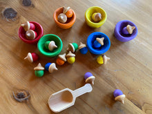 Load image into Gallery viewer, Hand Painted Wooden Sorting Acorns and Bowls with Miniature Scoop - Montessori - Set of 6 Bowls and 18 Acorns