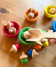 Load image into Gallery viewer, Hand Painted Wooden Sorting Acorns and Bowls with Miniature Scoop - Montessori - Set of 6 Bowls and 18 Acorns