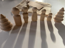 Load image into Gallery viewer, Mini Sensory Wooden Peg People and Trees Set - Add on for Sensory Tray - Set of Five Wooden Peg People in Five Sizes and Two Wooden Trees