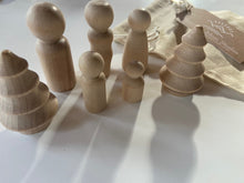 Load image into Gallery viewer, Mini Sensory Wooden Peg People and Trees Set - Add on for Sensory Tray - Set of Five Wooden Peg People in Five Sizes and Two Wooden Trees