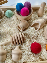 Load image into Gallery viewer, Ultimate 30 Piece Rainbow Sensory Set - Wooden Sensory Tray w/ Wool Balls - Waldorf - Tongs, Bowls, Acorns, People, Scoops, Honey Wand