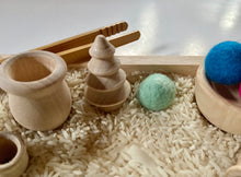 Load image into Gallery viewer, Ultimate 30 Piece Rainbow Sensory Set - Wooden Sensory Tray w/ Wool Balls - Waldorf - Tongs, Bowls, Acorns, People, Scoops, Honey Wand