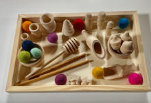 Load image into Gallery viewer, Ultimate 30 Piece Rainbow Sensory Set - Wooden Sensory Tray w/ Wool Balls - Waldorf - Tongs, Bowls, Acorns, People, Scoops, Honey Wand