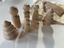 Load image into Gallery viewer, Mini Sensory Wooden Peg People and Trees Set - Add on for Sensory Tray - Set of Five Wooden Peg People in Five Sizes and Two Wooden Trees