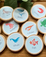 Load image into Gallery viewer, Animal Wooden Learning Tiles + Magnets - Toddler Education - Pets, Ocean, Safari, Woodland-Montessori, Charlotte Mason, Optional Memory Game
