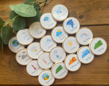 Load image into Gallery viewer, Weather and Seasons Wooden Learning Tiles and Magnets - Set of 20 - Toddler Education - Montessori, Charlotte Mason, Option for Memory Game

