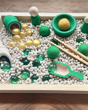 Load image into Gallery viewer, St. Patrick&#39;s Day Sensory Tray - Sensory Play Set - 45+ piece Set - Wooden and Felted Wool - Option for Beans or Rice
