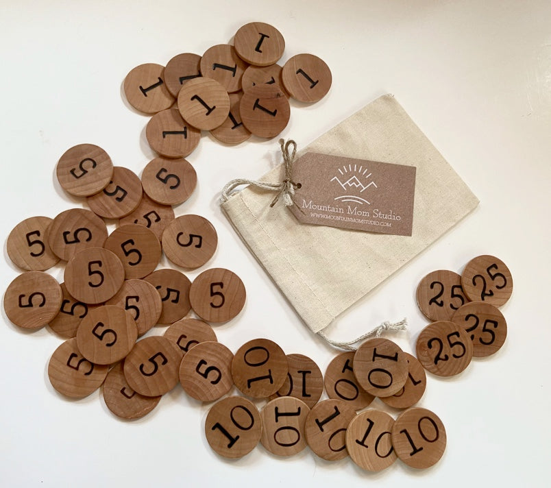 Wooden Counting Coins, Learn to Count Money, Skip Counting by 1s, 5s, 10s, and 25s, Montessori Math Tools for School and Pretend Play