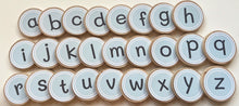 Load image into Gallery viewer, Wooden Alphabet Coins + Magnets for Learning Alphabet - Preschool+Homeschool - Set of 26 Wooden 2&quot; Coins - Montessori, Optional Memory Game
