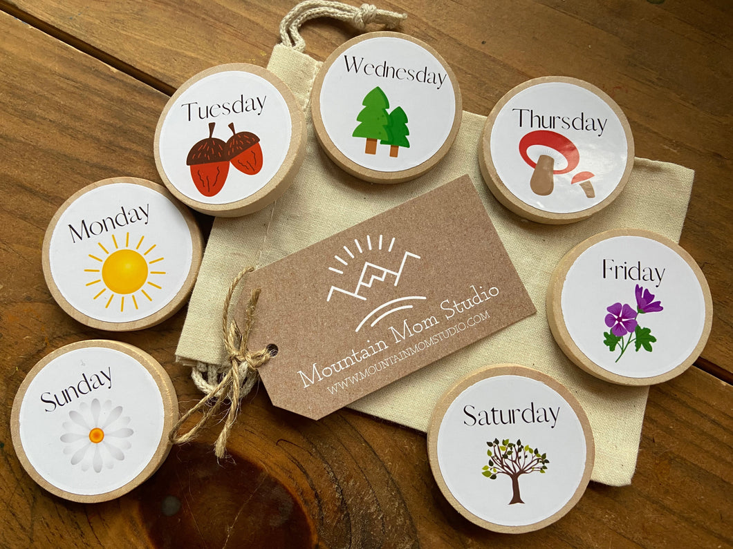 Days of the Week Wooden Learning Tokens and Magnets - Set of 7 - Preschool Education - Montessori, Charlotte Mason, Wooden Calendar Bundle