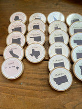 Load image into Gallery viewer, Wooden US States Coins + Magnets for Learning the 50 United States - Homeschool - Set of 50 Wooden 2&quot; Coins - Montessori, Opt. Memory Game
