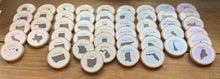 Load image into Gallery viewer, Wooden US States Coins + Magnets for Learning the 50 United States - Homeschool - Set of 50 Wooden 2&quot; Coins - Montessori, Opt. Memory Game
