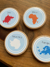 Load image into Gallery viewer, Wooden Geography Coins + Magnets for Learning Continents - Elementary+Homeschool- Set of 8 Birch 2&quot; Coins - Montessori, Optional Memory Game

