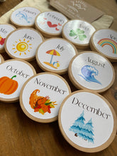 Load image into Gallery viewer, Days of the Week Wooden Learning Tokens and Magnets - Set of 7 - Preschool Education - Montessori, Charlotte Mason, Wooden Calendar Bundle
