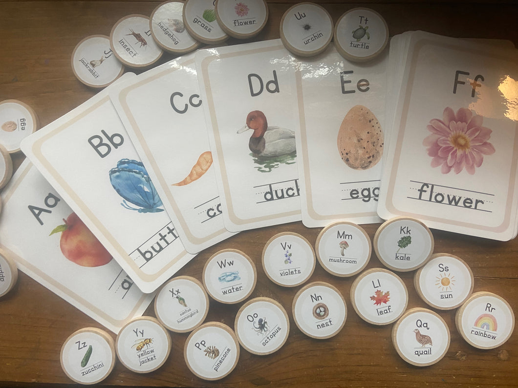 Watercolor Nature-Themed Alphabet Cards + Magnets/Tokens for Learning Alphabet - Flashcards Preschool + Homeschool - Set of 26 Wooden 2